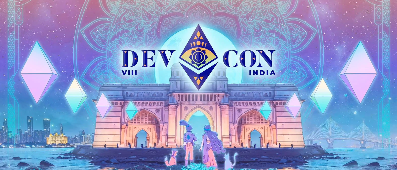 Devcon 8 Mumbai – Biểu tượng Devcon 8 tại Mumbai với logo Ethereum và hình ảnh cộng đồng công nghệ đa sắc tộc