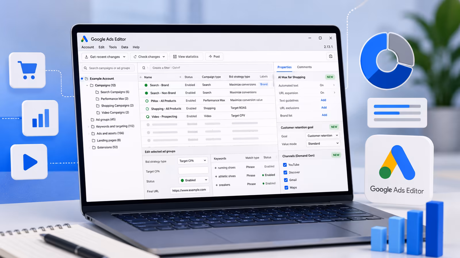 Giao diện Google Ads Editor 2.13 hiển thị tính năng AI Max cho chiến dịch Shopping