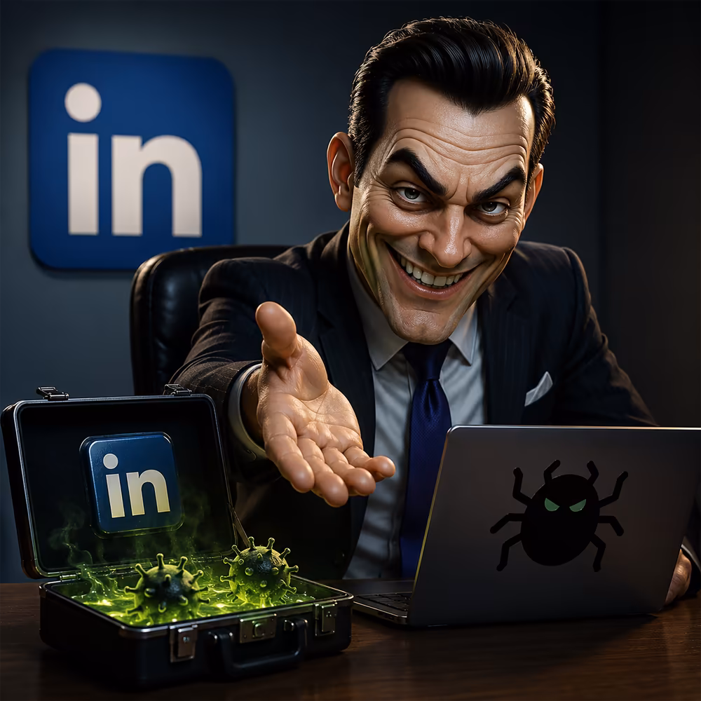 Minh họa cảnh báo về chiêu trò phỏng vấn lây nhiễm trên LinkedIn