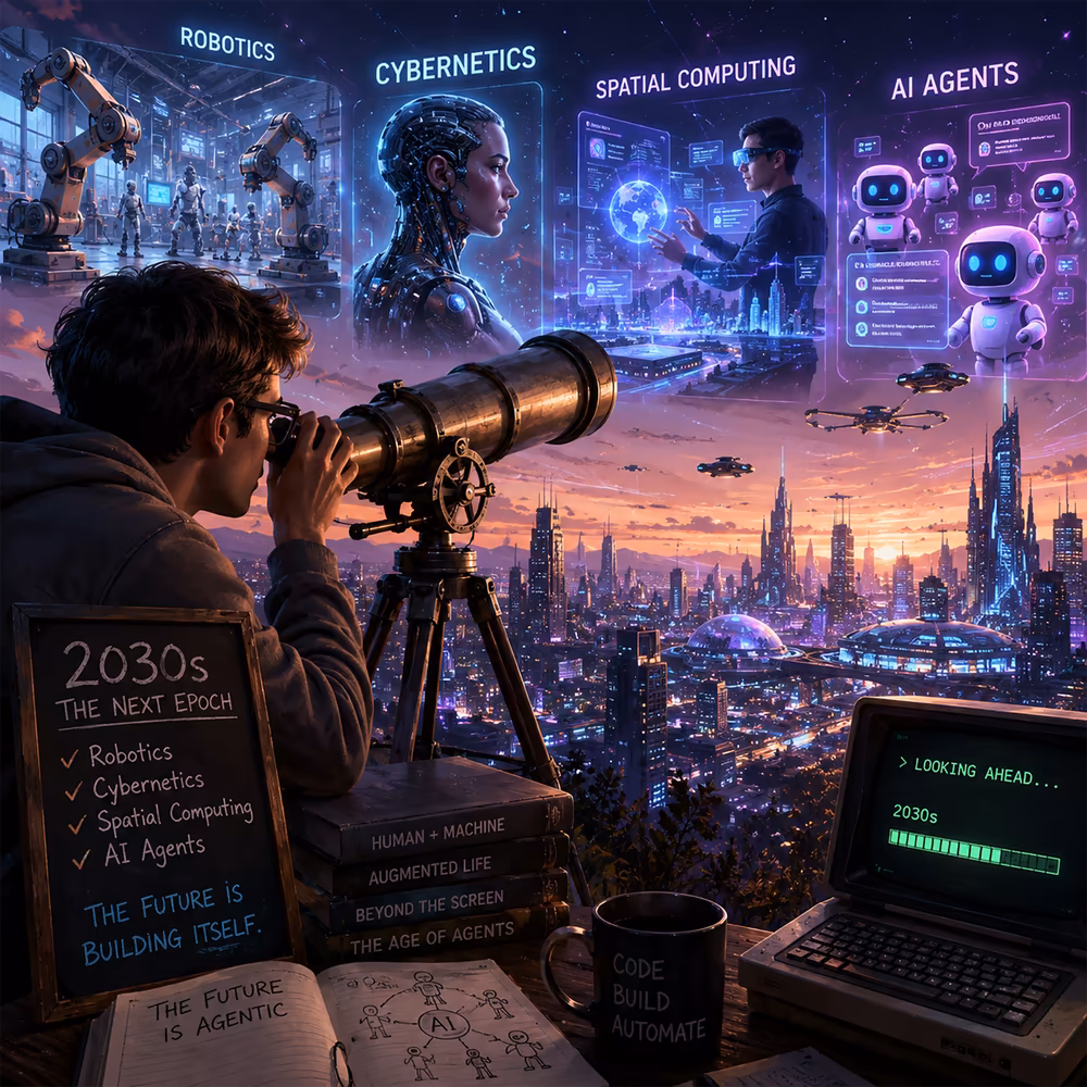 Một khái niệm trừu tượng về kỷ nguyên thứ sáu trong công nghệ: robot, kính thực tế không gian, và AI tự chủ đang hòa quyện với nhau trong một không gian tương lai.