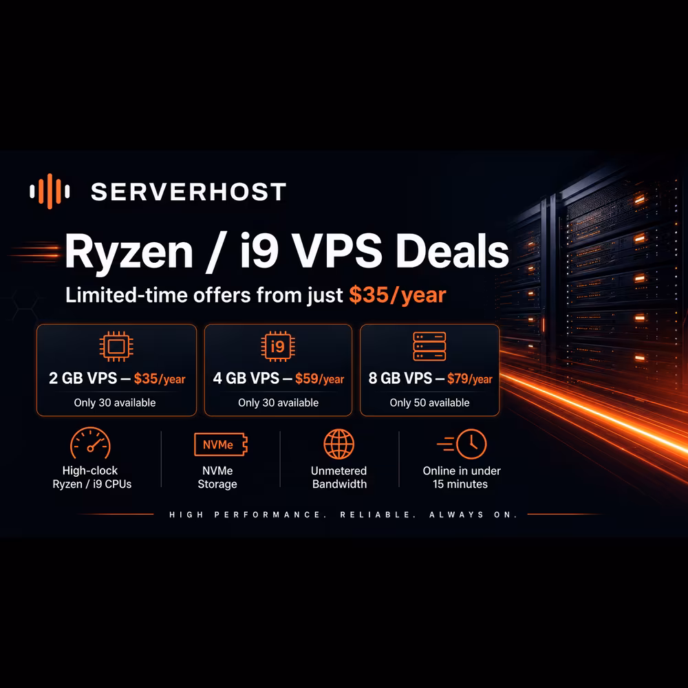 Bảng so sánh cấu hình và hiệu năng các gói VPS thuộc chương trình ServerHost Ryzen/i9 Deal