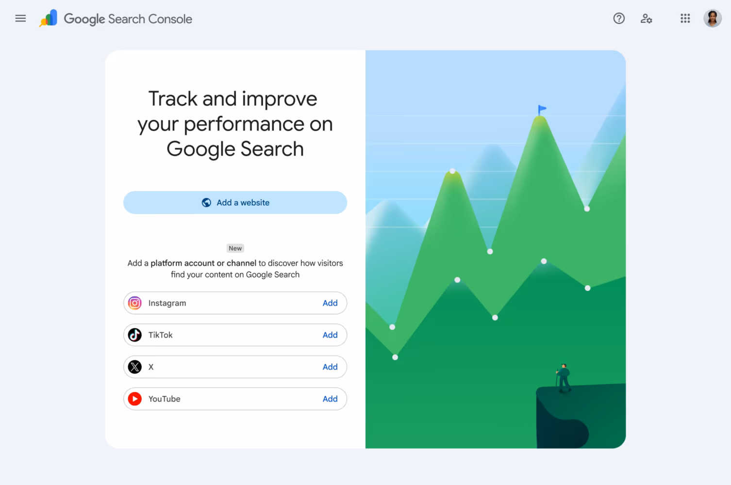 Google Search Console Platform Properties – Giao diện bảng điều khiển Google Search Console hiển thị biểu đồ hiệu suất nội dung mạng xã hội