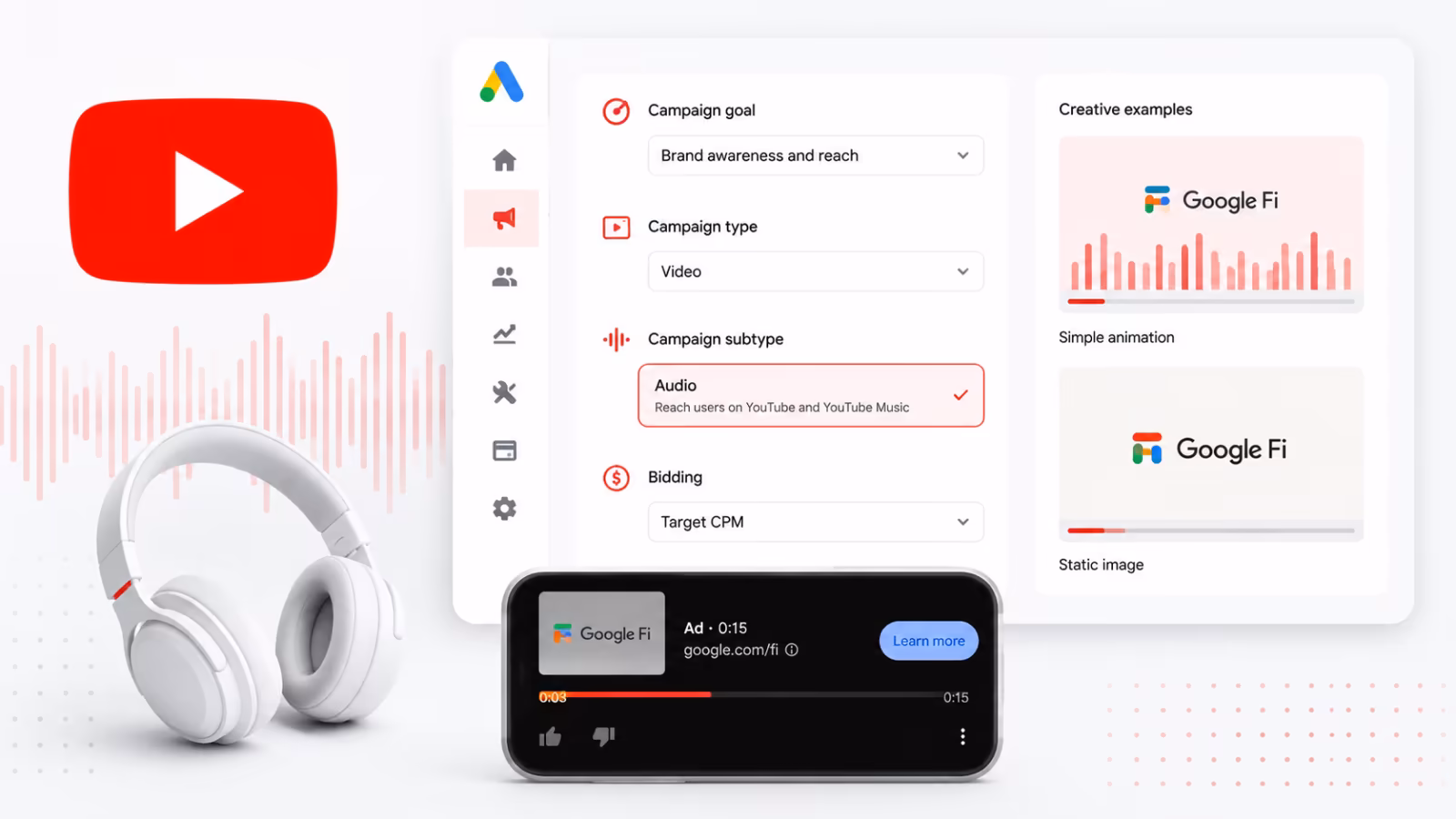 Giao diện hướng dẫn quảng cáo âm thanh YouTube từ Google