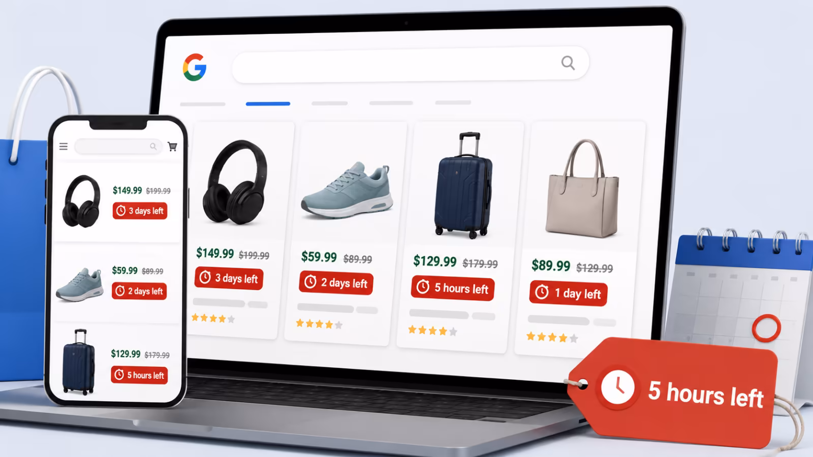 Deal Ends annotations – Minh họa nhãn '3 days left' trong quảng cáo Google Shopping